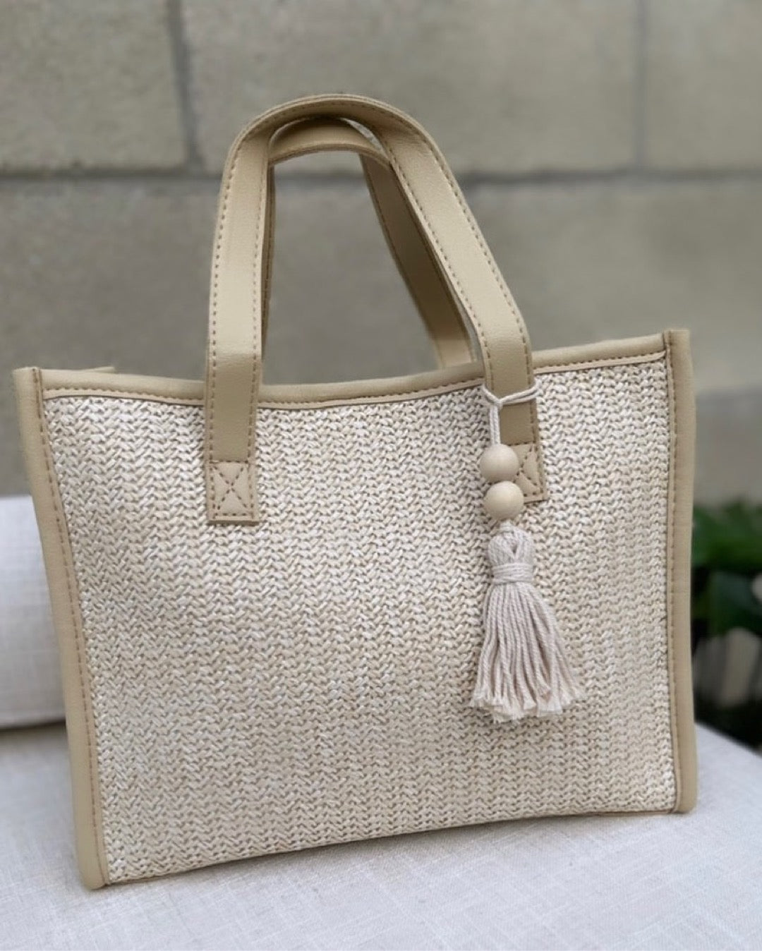 Woven Straw Tote Bag w/ Tassel