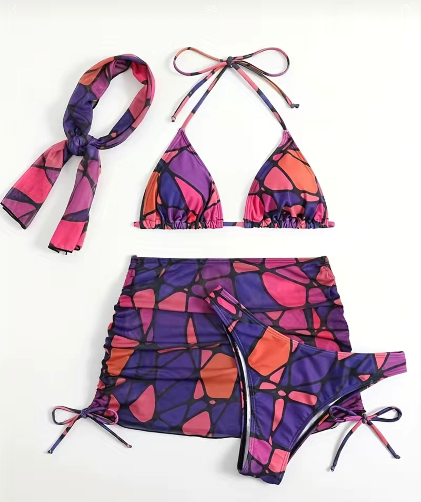 Pink Geometric Print 4 Piece Bikini Set