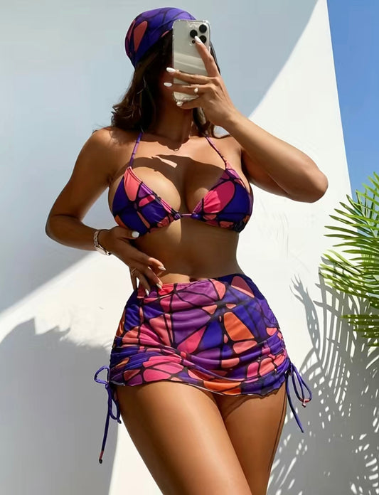 Pink Geometric Print 4 Piece Bikini Set